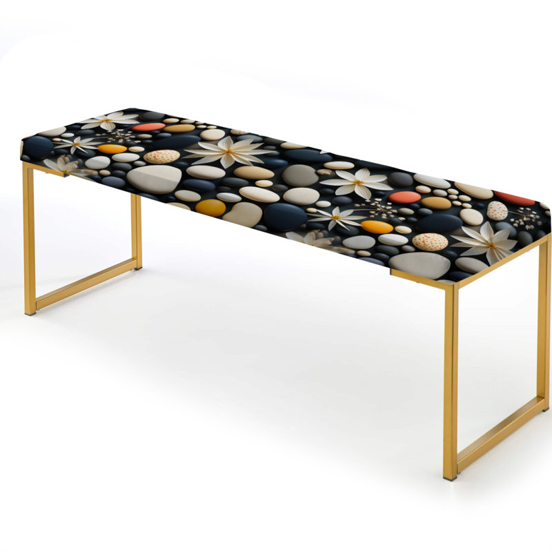 Sandy Costal Seashell Collage - Coastal Upholstered Gold Bench
