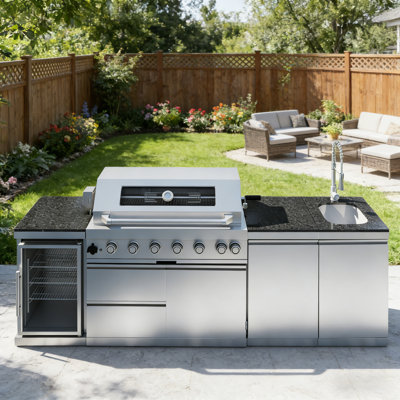 101" W 6-Burner Propane Gas Grill Island with Rotisserie and Outdoor Rated Refrigerator and Sink in Stainless Steel