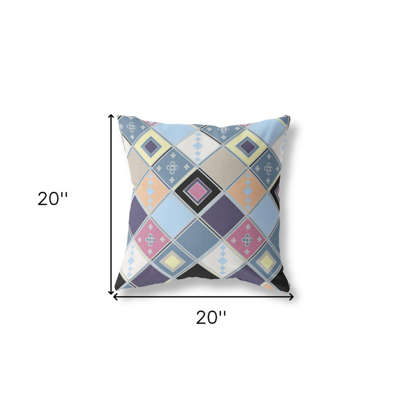 20" X 20" Yellow And Pink Broadcloth Floral Throw Pillow, Blue/Purple