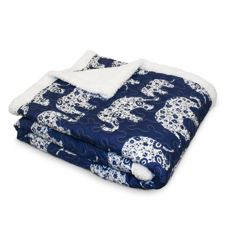 Navy Elephant Parade Reversible Sherpa Throw Blanket