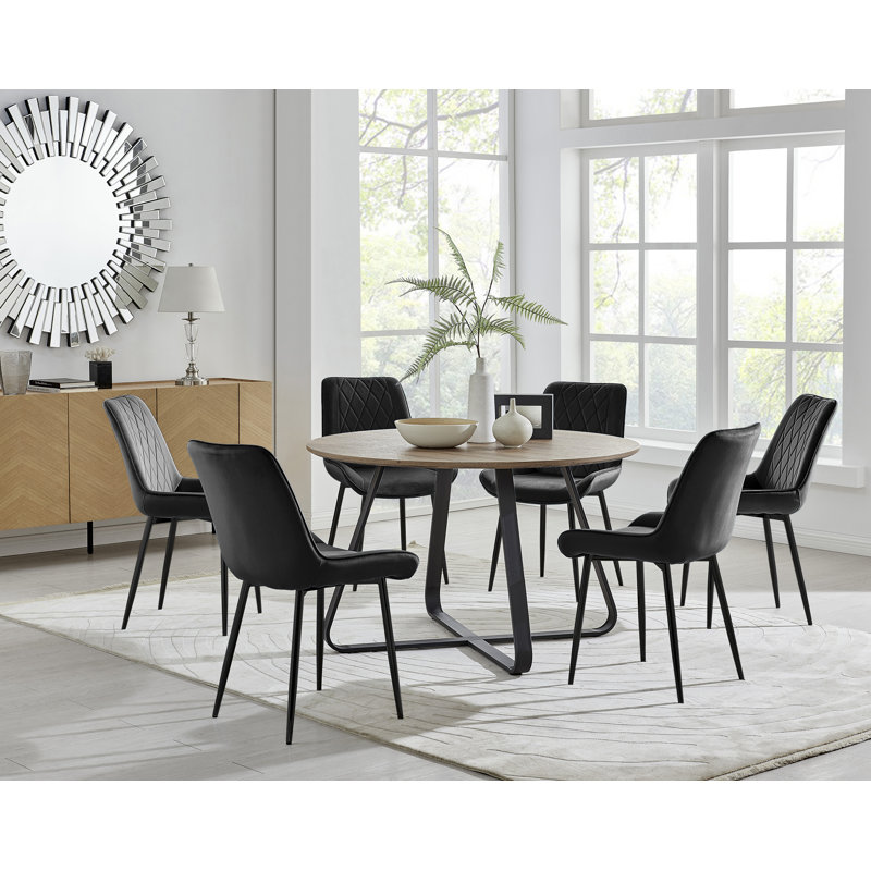 Sandy Classic Wood Effect & Metal Dining Table Set with 6 Luxury Velvet Dining Chairs, Black/Black