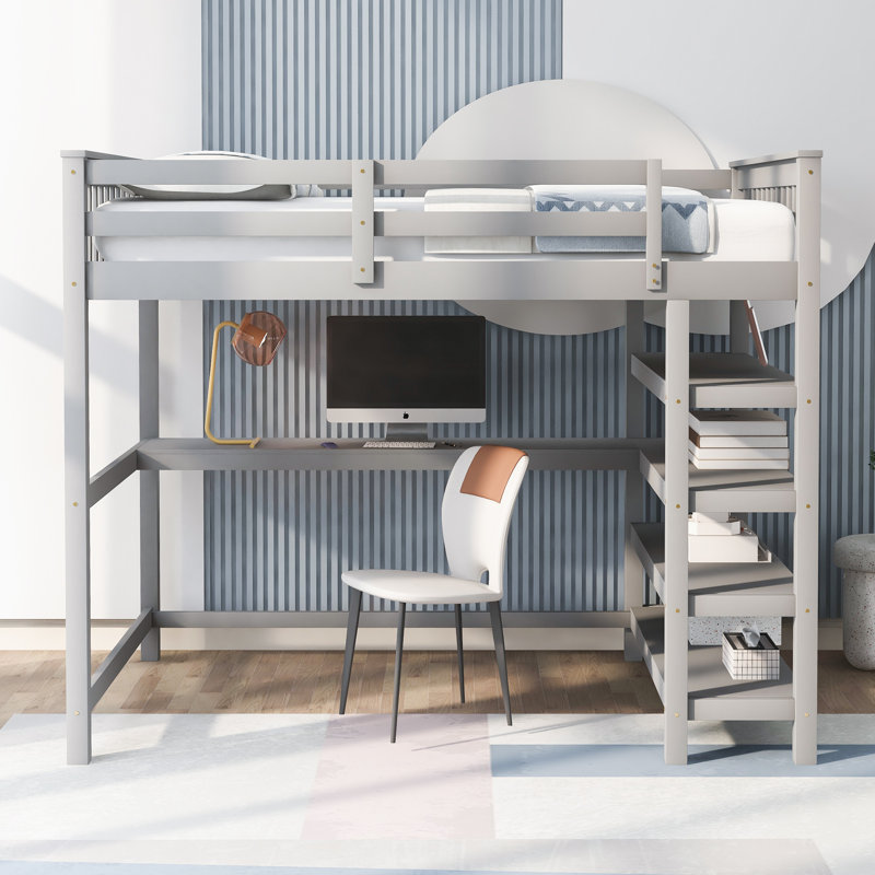Lit mezzanine avec bureau intégré et tablettes, Gris, Complète