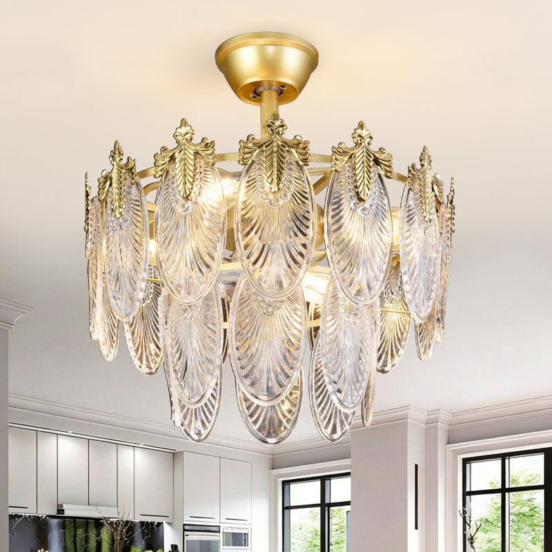  Ventilateur de plafond moderne de 20 pouces avec lumières, plafonnier encastré doré avec abat-jour en verre, télécommande pour le salon de la chambre à coucher, ampoule E26 4 * excl.