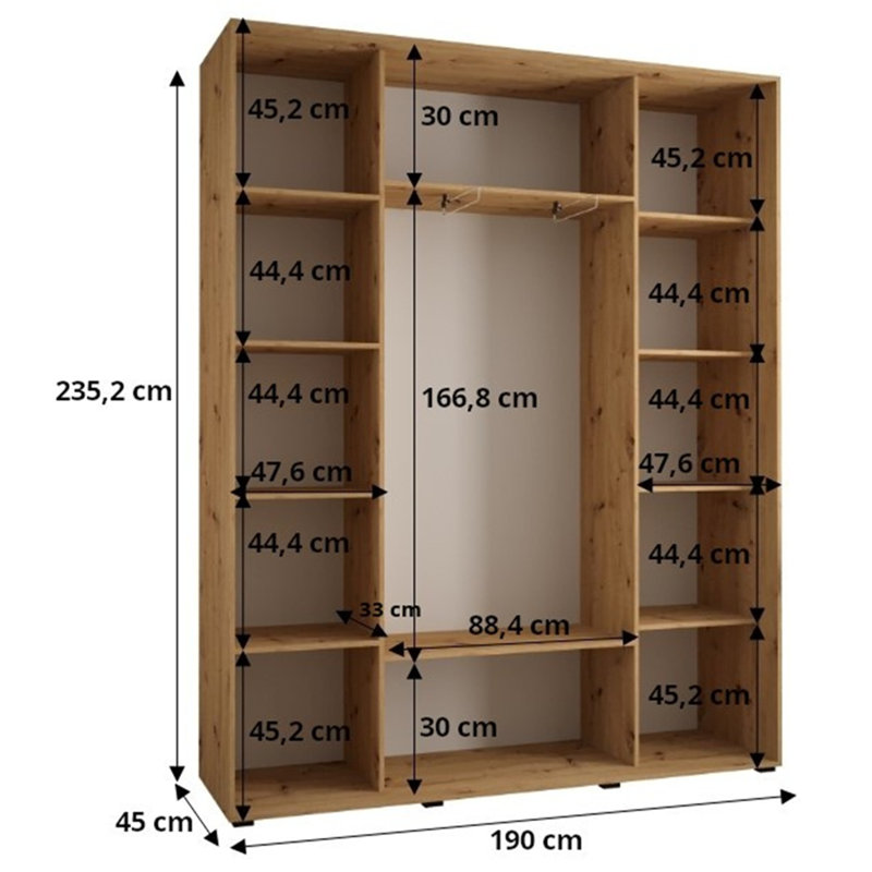 3 Door Manufactured Wood Wardrobe, 235.2cm H x 190cm W x 45cm D, Black