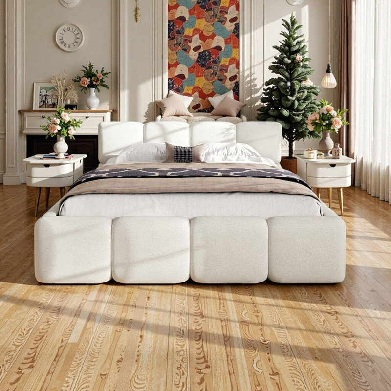 Lit plateforme tapissier grand Dormal avec tête de lit et pied de lit Boucle, Grand lit, Blanc