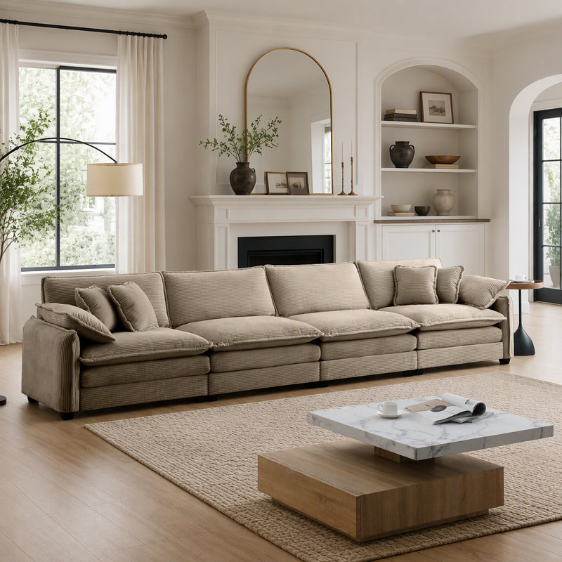 Canapé moderne en tissu velours côtelé 4 places avec accoudoirs et coussins décoratifs, facile à assembler pour une vie confortable