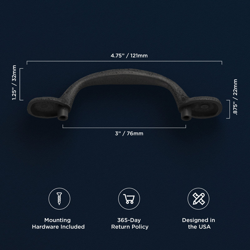 Refined Rustic Collection Handle Pull - 3" Center to Center Cabinet Pull Black Iron - Craftsman Hardware for Drawers & Cabinets