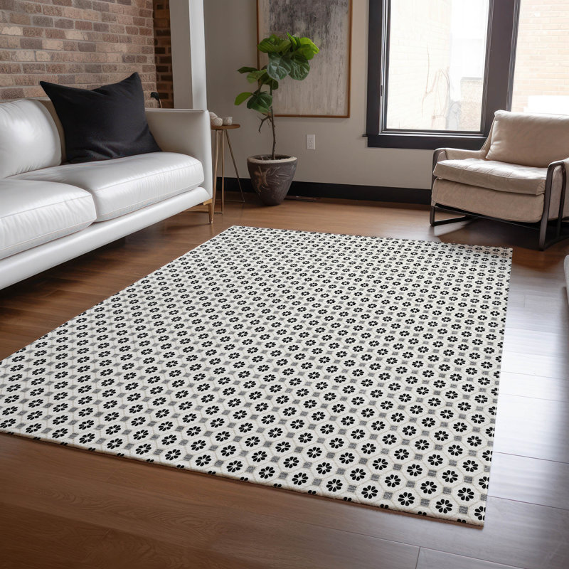 Ivory and Black Synthetic Flat Woven 10' x 14' Rug