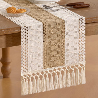 Boho Table Runner Fall Thanksgiving Farmhouse Rustic Dining Kitchen Centerpiece Decor Small Macrame Woven Cotton Linen Coffee Table Runner For Dresser Scarf Home Decor 12X72 Inch