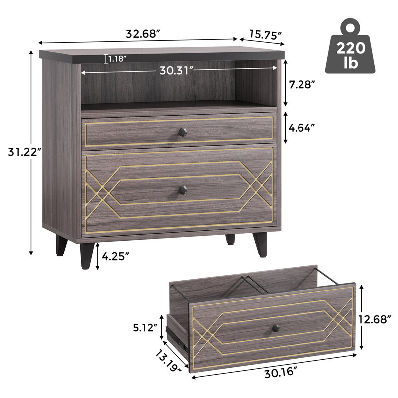 32.68'' Wide 2 - Drawer File Cabinet with Shelf, Decorative Office Cabinet, Grey Brown, Gray
