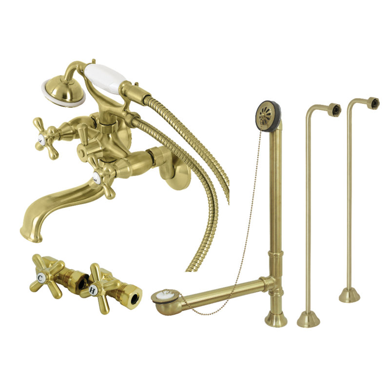 Kingston Brass Vintage Three-Handle 2-Hole Tub Wall Mount Clawfoot Tub Faucet Package with Supply Line, Hand Shower and Tub Drain
