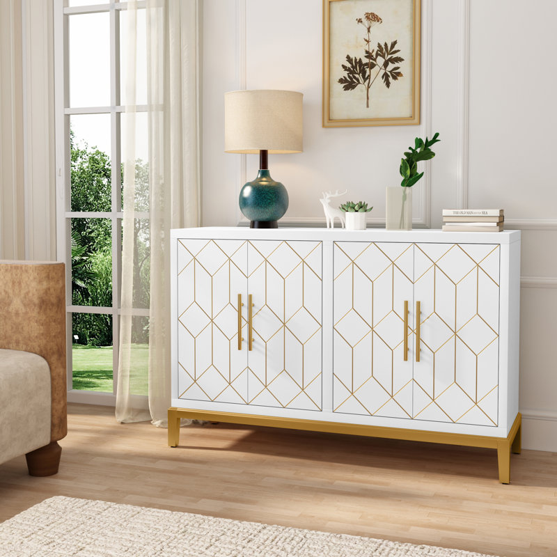 Buffet 4 portes avec garniture dorée, blanc, Blanc