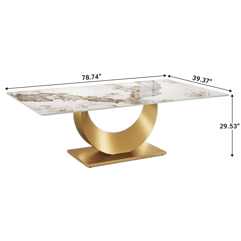 78.7" Sintered Stone Dining Table with Stainless Steel Base, White & Gold