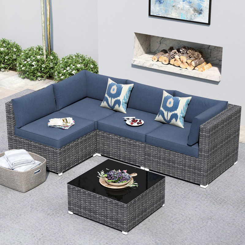 Ensemble de canapé modulaire 5 pièces avec coussins, Bleu, Non