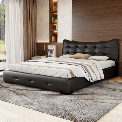 Modern PU Upholstered Queen Bed With Ergonomic Wingback Headboard, No Box Spring Needed, Cream