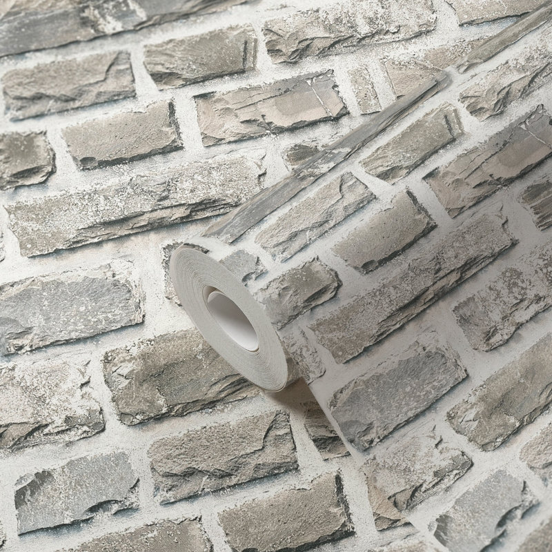 The Bricks and More Stone Symphony Motif 10.05m x 53cm Matte Wallpaper Roll, Silver Grey