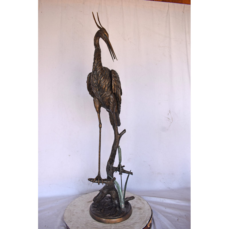Crane Standing On A Branch Bronze Statue Fountain - Size: 13"L X 7"W X 43"H.