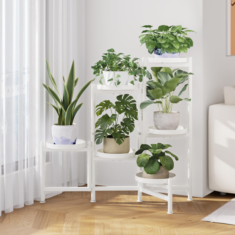 Étagère de coin pliable en métal à 6 niveaux pour plantes d'intérieur et d'extérieur, Blanc