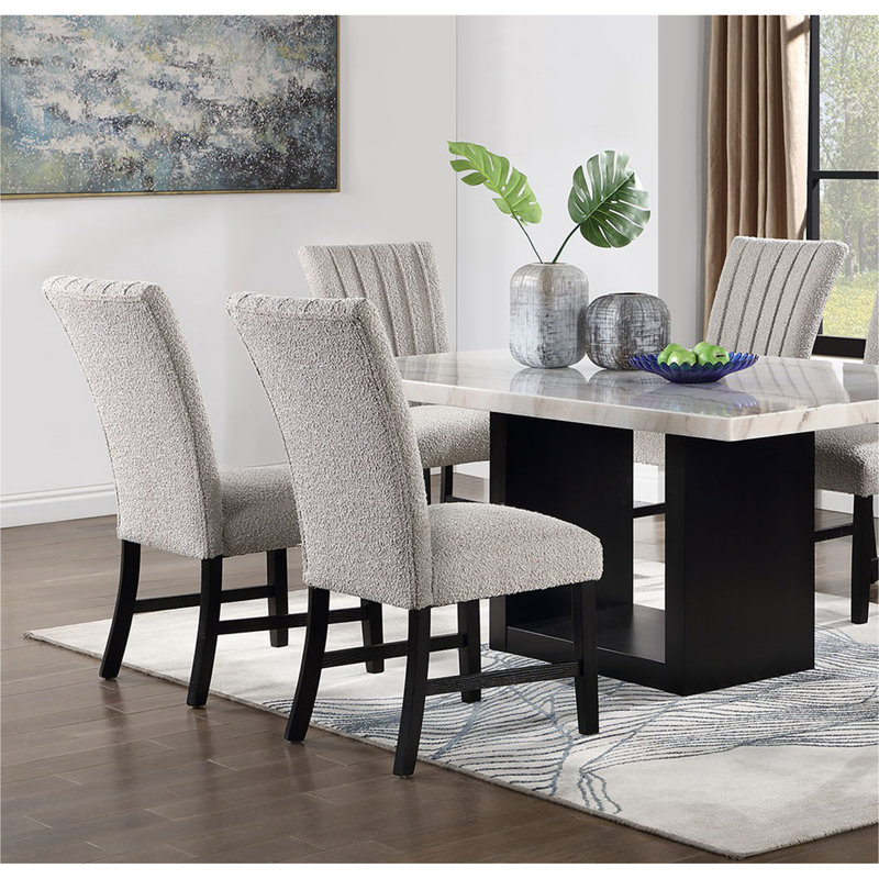 Magnifique ensemble de table de salle à manger à plateau en marbre véritable 7 pièces avec 6 chaises d'appoint rembourrées en tissu bouclé gris, meubles en bois