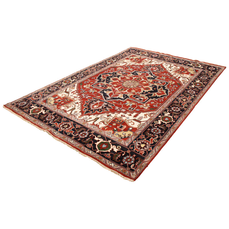 Tapis décoratif en laine de conception unique 9 pi 4 po x 14 pi noué à la main New Age-rouge foncé/bleu foncé
