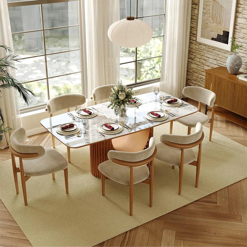 Mid-Century Modern Beige & Light Walnut Wood Dining Chairs, Upholstered Cotton Linen Wood Dining Chair Side Chair, Fully Assembled