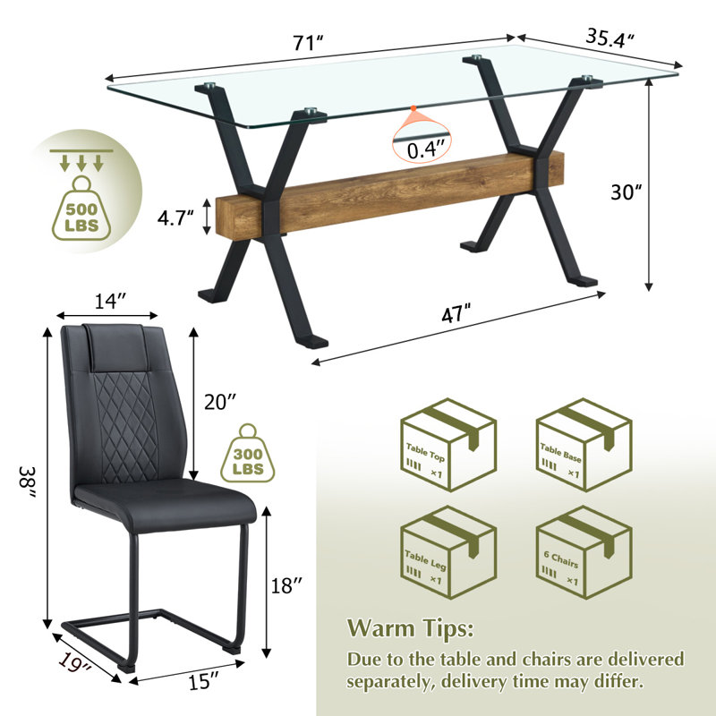 7-Piece Glass Top Dining Table Sets, Black, 122 cm H x 81 cm W