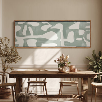 Grande toile murale encadrée, formes abstraites blanches minimalistes sur fond vert sauge - 60 po x 20 po, 60 po x 30 po