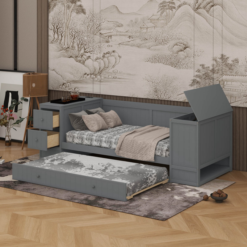 Twin Size Solid Wood Daybed With Trundle, USB Ports & Storage Arms, Gray