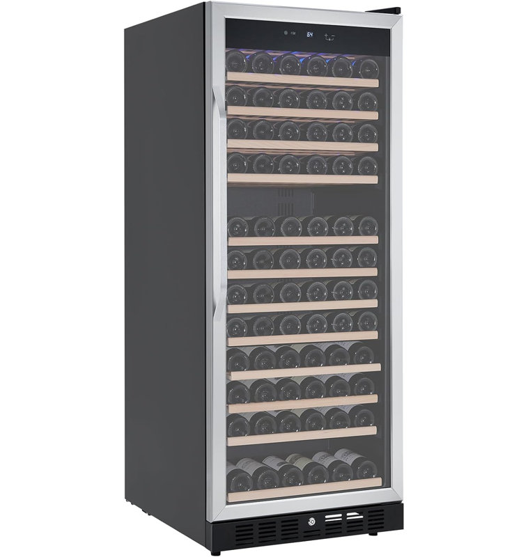 Grand réfrigérateur à vin encastré ou autoportant de 27 pouces, capacité de 155 bouteilles, porte en verre trempé double couche, verrou de sécurité et conception à une zone pour le vin et le champagne.