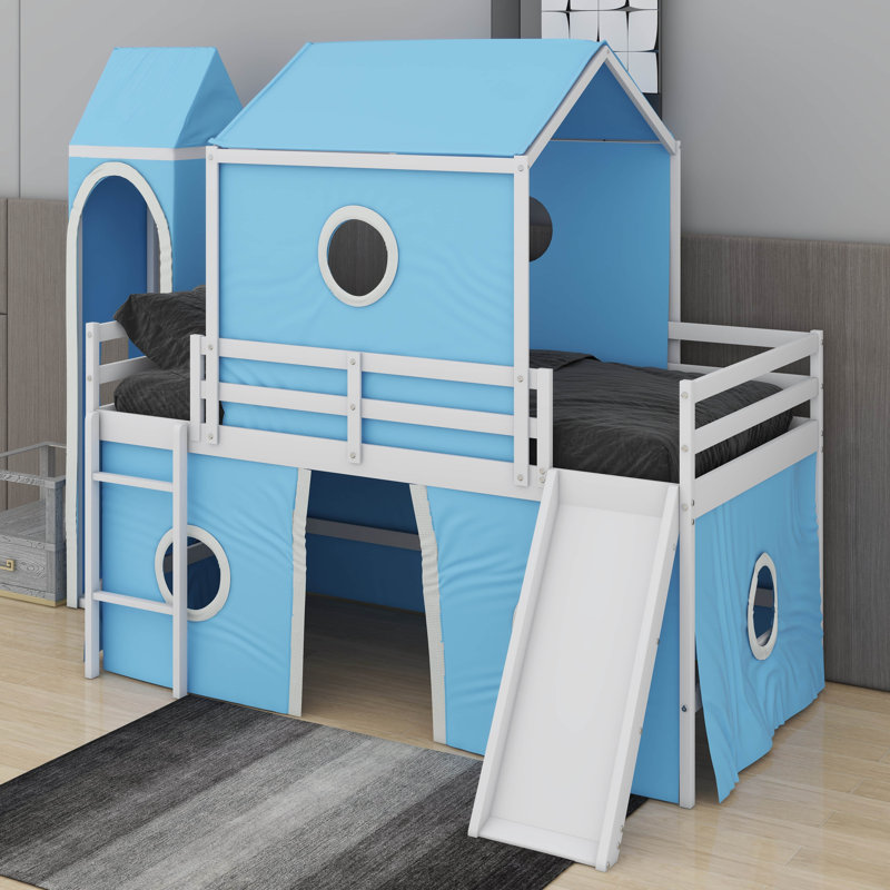 Lit mezzanine simple avec glissade et tour, Bleu