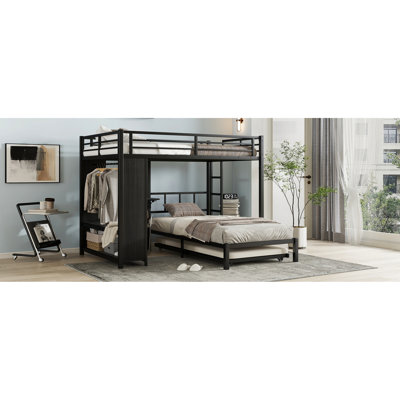 Full Over Twin Black Bunk Bed Of Metal Material Design With Trundle, Folding Desk, Built - In Wardrobe, Space Saving Configuration Plan, Finish Standard Assurance, Safe Guardrails Arrangement