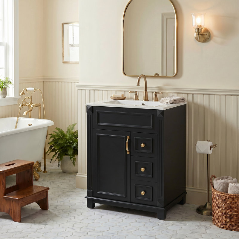 24" Bathroom Vanity with Ceramic Sink｜Black｜Small Bathroom Sink Cabinet｜2 Drawers and Adjustable Shelf｜Quiet and Smooth Operation