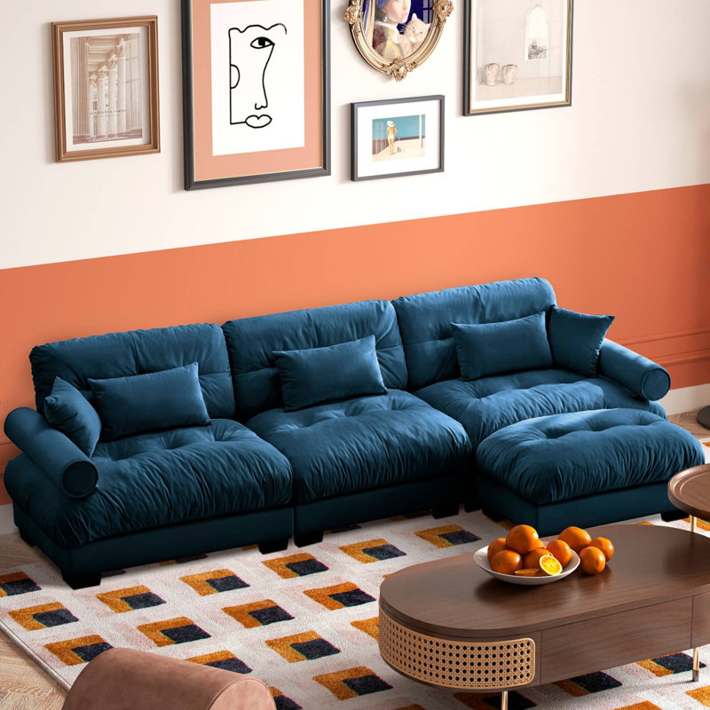 130" L-Shaped Velvet Upholstered Sectional With Ottoman, Blue Velvet