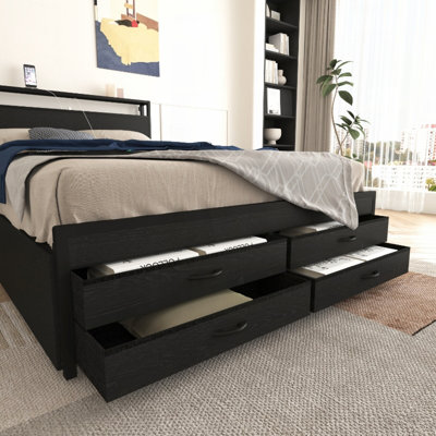 Full Size Bed Frame with 8 Storage Drawers, LED Headboard with Charging Station, Metal Platform Bed Frame, No Box Spring Needed, Noise-Free, Stable and Solid, Black