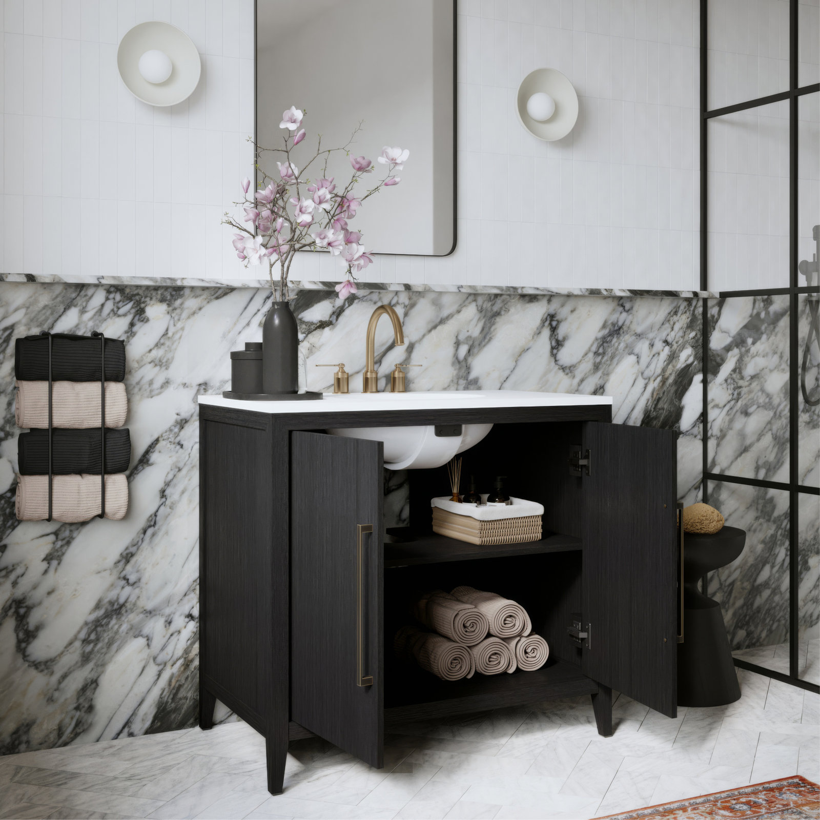 Alsup 30" Acacia Single Bathroom Vanity, Carrara Marble, Wire Brushed Dark Oak