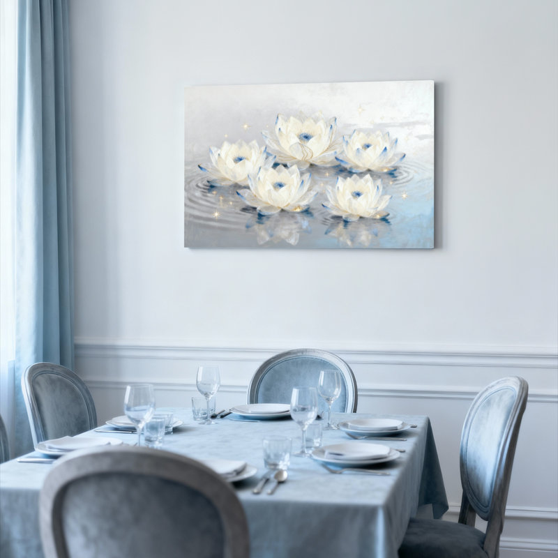 Ensemble de 1 tableau sur toile tendue représentant des fleurs de lotus blanches reflétant l'eau, H 20 po x l 30 po