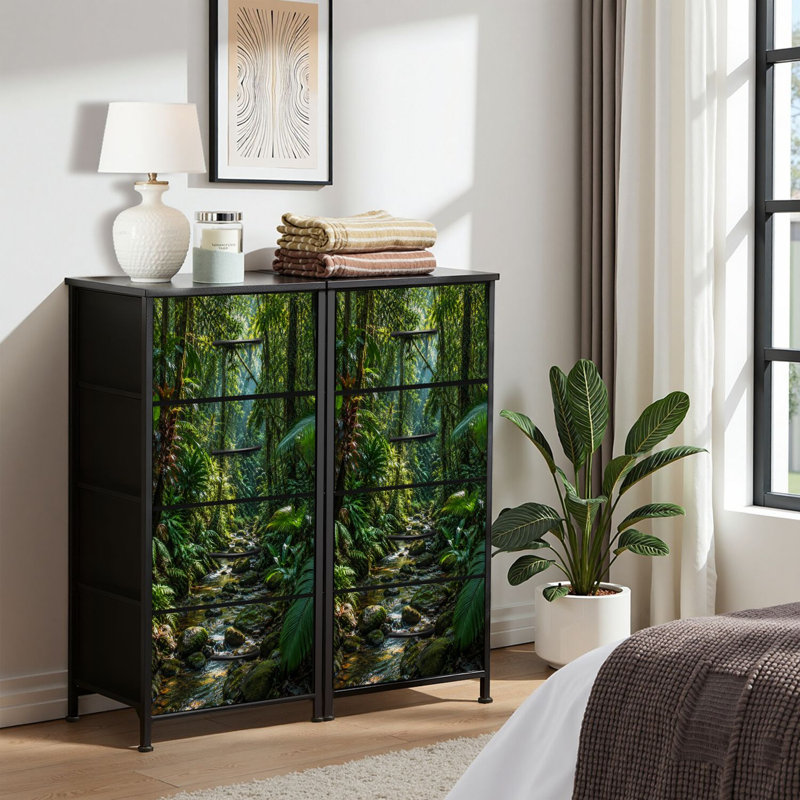 Commode 4 tiroirs pour chambre à coucher, commode étroite, plateau en bois et structure en fer de travail 18 po x 37,5 po - (l x H) - avec imprimé de forêt tropicale