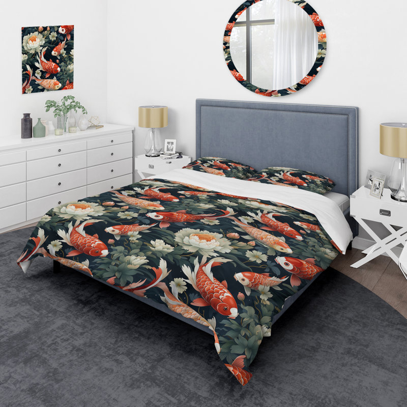 Literie Koi Fish Harmony Watercolor Wonders, Housse de couette pour très grand lit et 2 très
