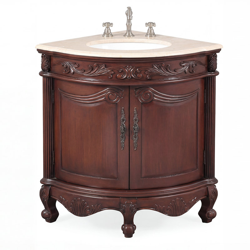 Meuble-lavabo d'angle Bayview traditionnel autoportant de 61 cm (24 pouces) en noyer brun, lavabo simple, dessus en marbre crème, entièrement assemblé, collection Benton