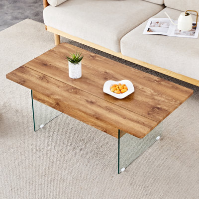 Table basse multifonctionnelle à plateau relevable avec rangement spacieux et autocollant grain de bois naturel, parfaite pour la vie moderne