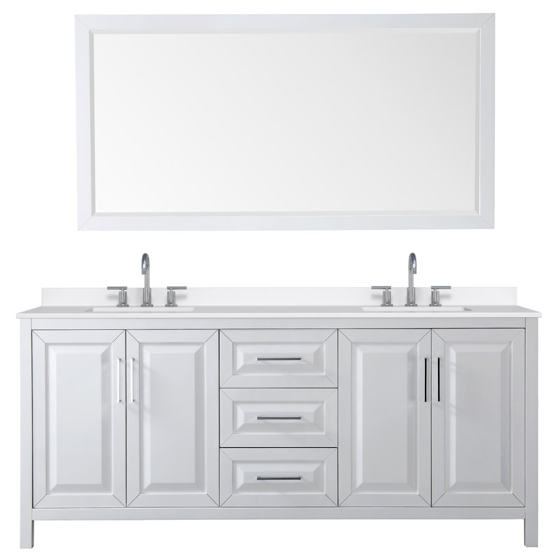 Ensemble de meuble-lavabo double 80 po avec dessus en quartz et miroir Daria, Quartz Giotto, Blanc, Chrome poli