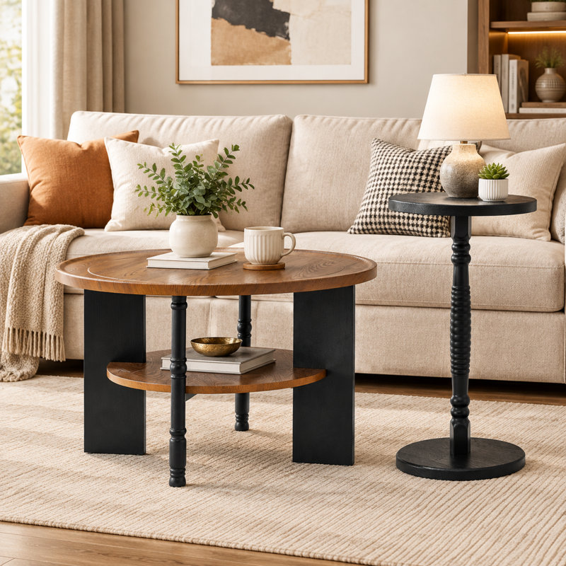 Ensemble de table basse ronde moderne de 80 cm avec table d'appoint et tablette de rangement
