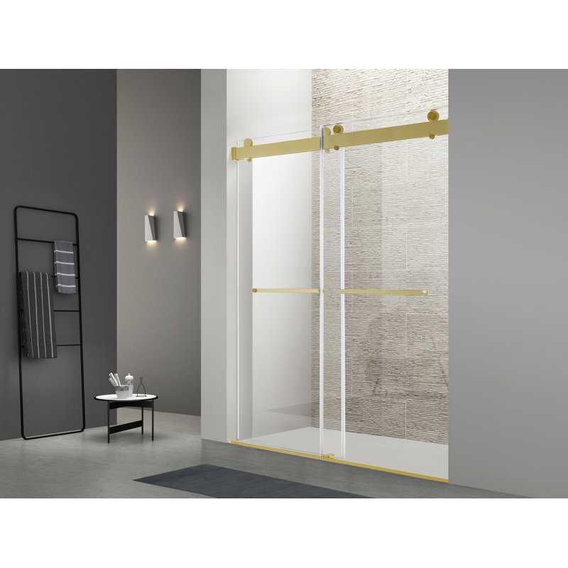 Porte de douche coulissante double l 60 po x H 60 po | Verre trempé | Entièrement sans cadre, Doré