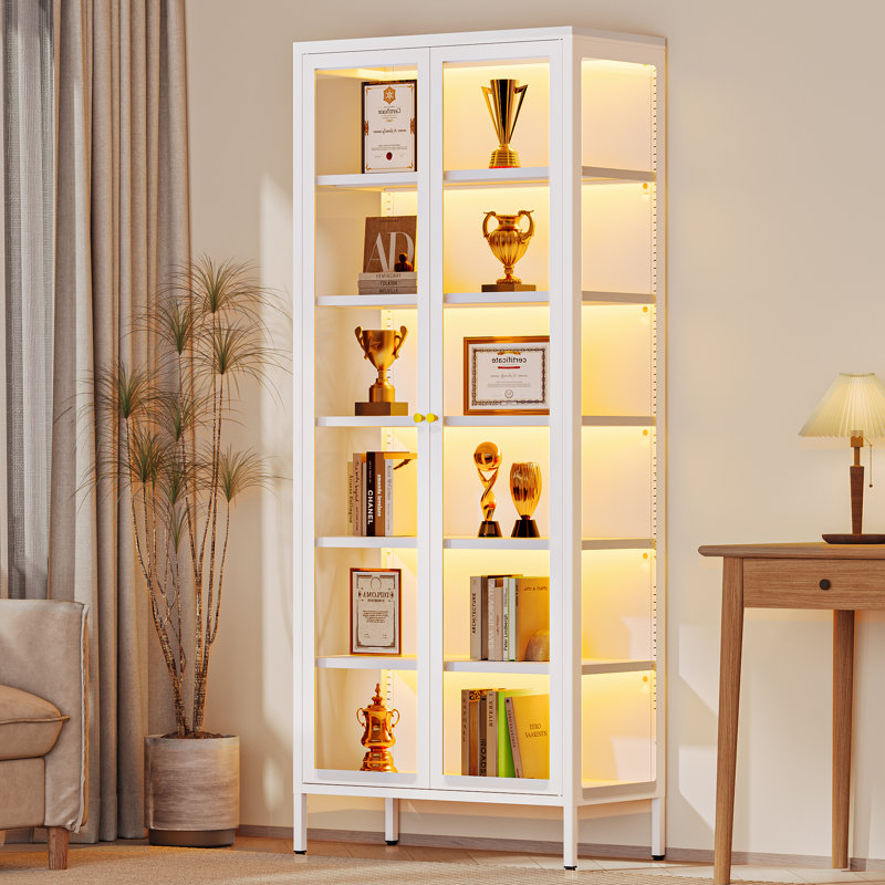 3-Sided Glass Dining Cabinet With Lights, Metal Display Stand, White