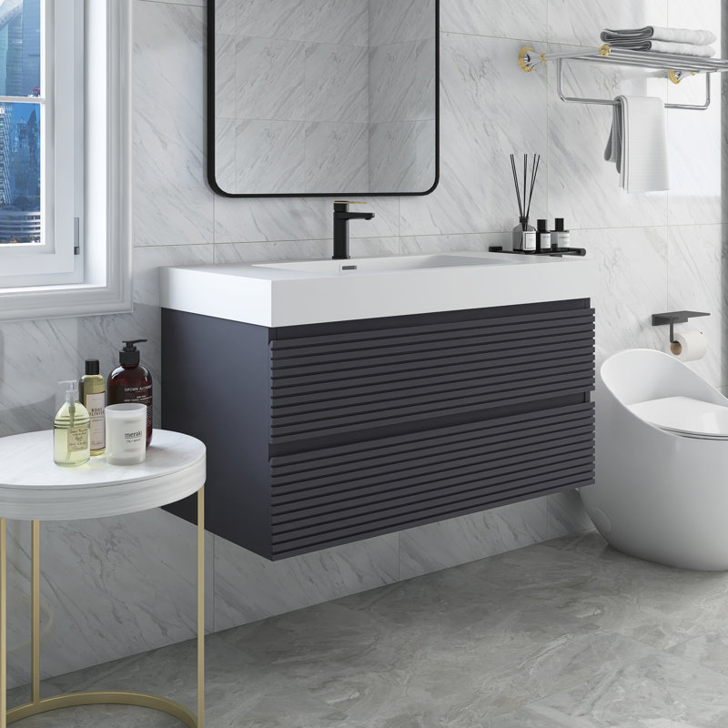 36" Gray Plywood Floating Vanity with White Acrylic Top