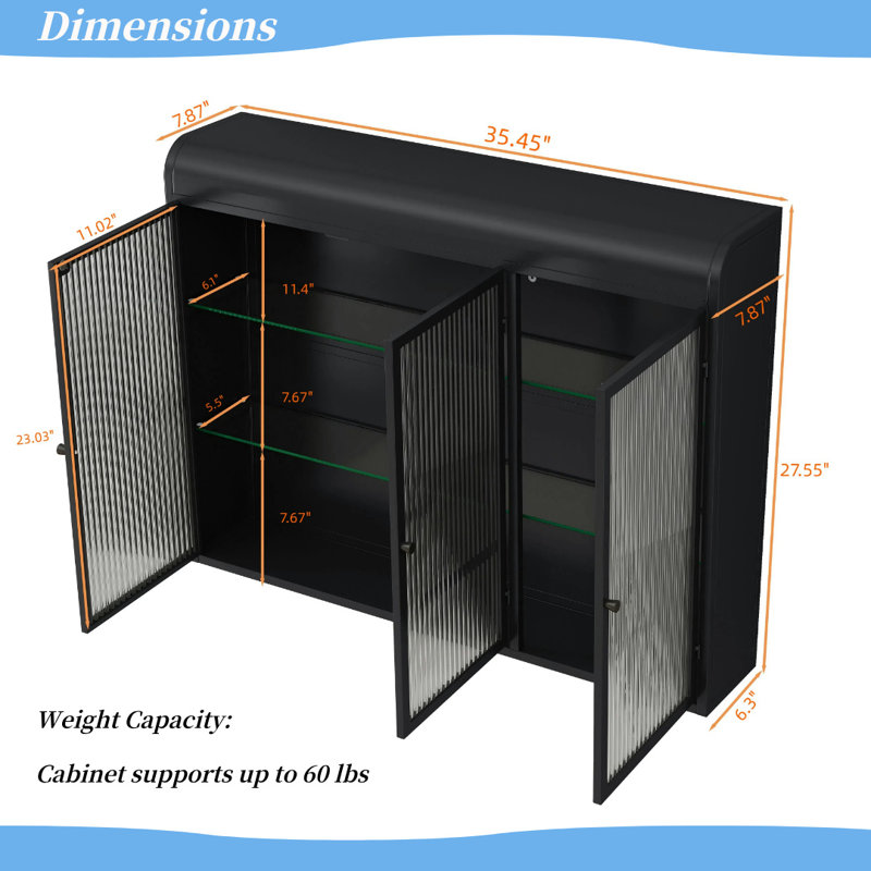 3-Door Storage Cabinets with Glass Panels & 60 lbs Capacity, Noir, noir, noir, noir