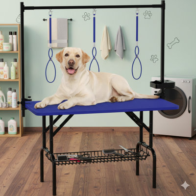 Plateforme de toilettage de 47 pouces conçue pour les chiens de grande race, station pour animal domestique pliable, surface de séchage réglable pour chat avec accoudoirs, boucles de retenue et plateau en filet, finition bleue