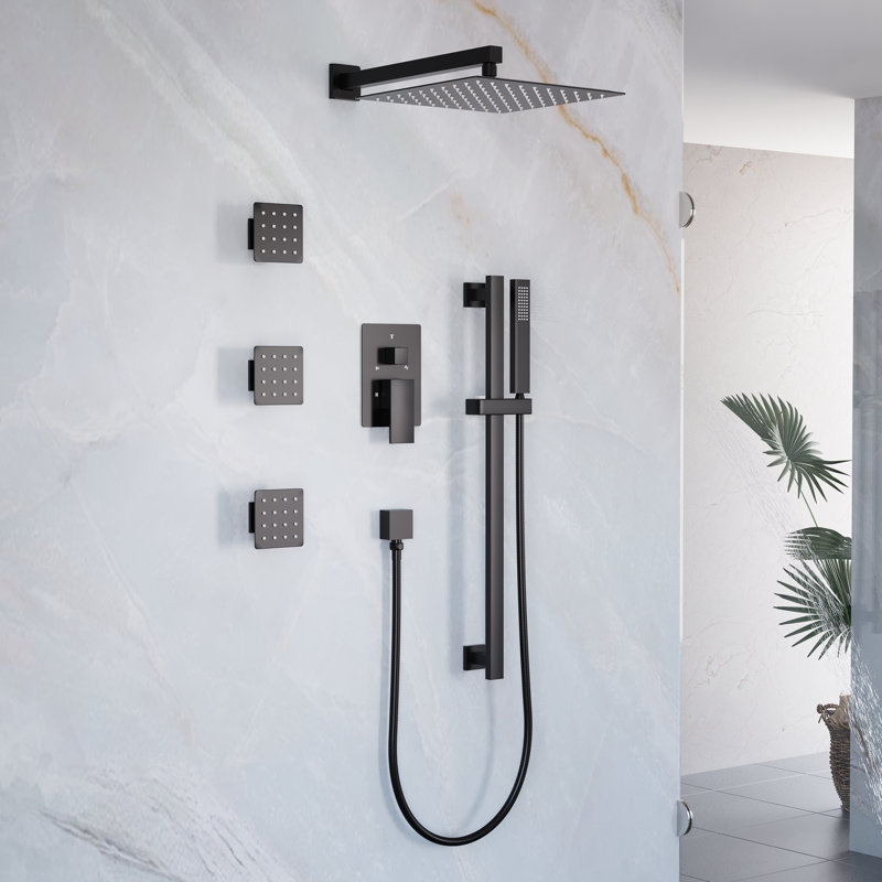 3-Function Shower System With 12" Ultra-Thin Square Shower Head,Body Jets And Hand Shower (Valve Included), Matte Black