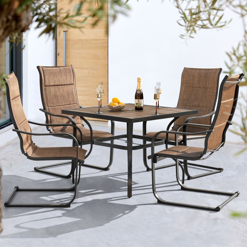 5pcs Patio Dining Set With Faux Wood Top, Padded PVC-coated polyester C-spring Chairs