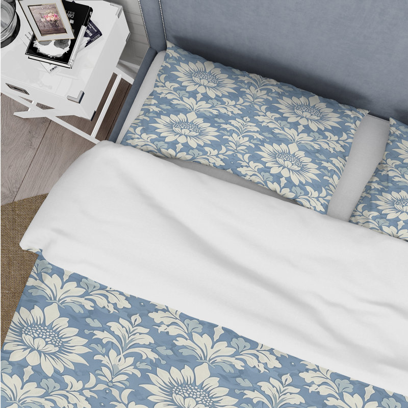 Ensemble de housse de couette bleuet et argent, Housse de couette très grand + 2 taies décorativ
